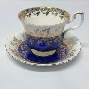 Royal Albert Regal Series Tea Cup Saucer Cobalt Blue Gold Filigree Bone China